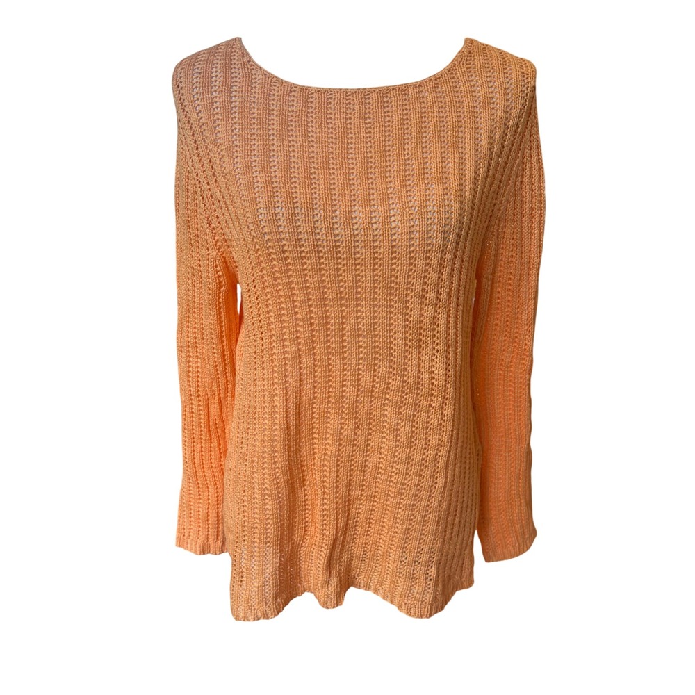 Garnet Hill Orange 100% Cotton Open Knit Boat Neck Sweater Size Large Spring